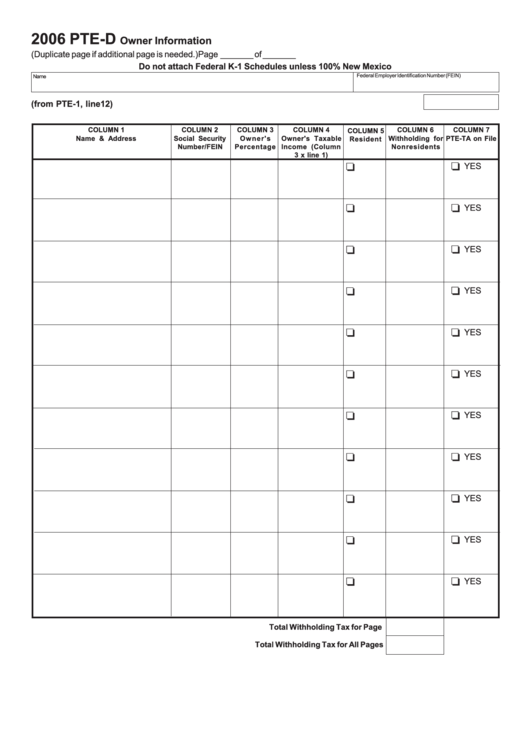 Form PteD Owner Information New Mexico Taxable 2006 printable pdf download