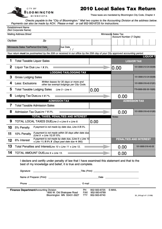 Fillable Local Sales Tax Return Form City Of Bloomington 2010 printable pdf download