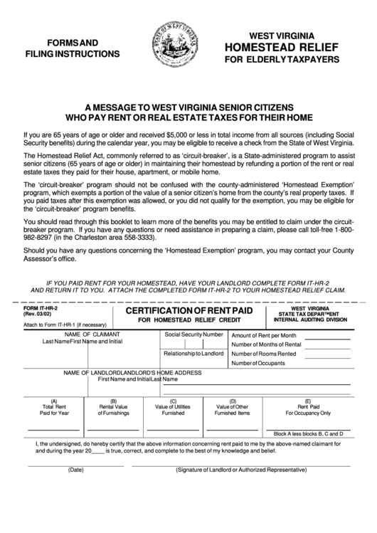 Form ItHr2 Certification Of Rent Paid For Homestead Relief Credit