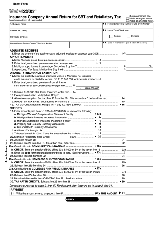Fillable Form 1366 Insurance Company Annual Return For Sbt And
