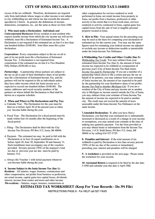 Estimated Tax Worksheet City Of Ionia Declaration Of Estimated Tax I1040es printable pdf download