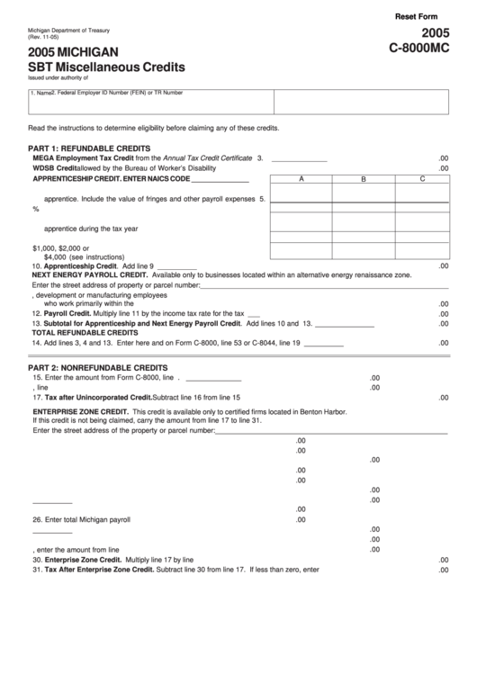 Fillable Form C8000mc Sbt Miscellaneous Credits 2005 printable pdf