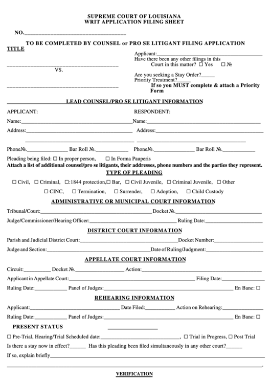 Supreme Court Of Louisiana Writ Application Filing Sheet printable pdf