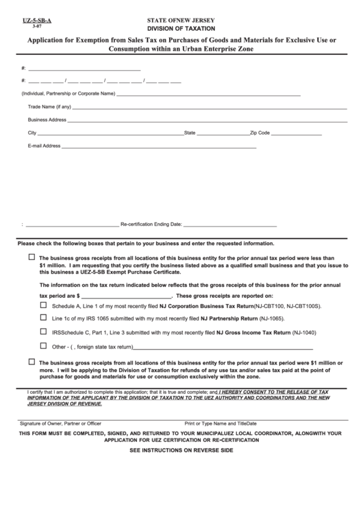 Fillable Form Uz5SbA Application For Exemption From Sales Tax On