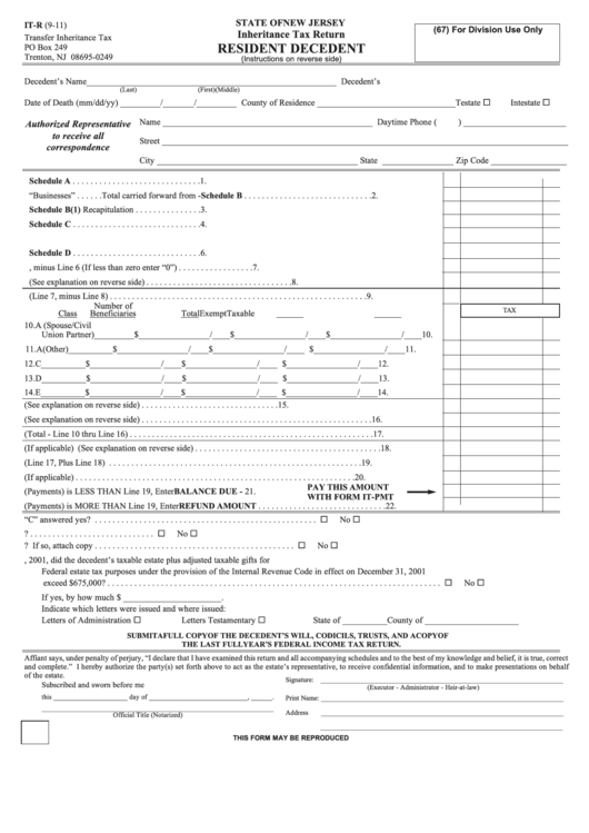 Fillable ItR 9/11 Resident Decedent New Jersey printable pdf download