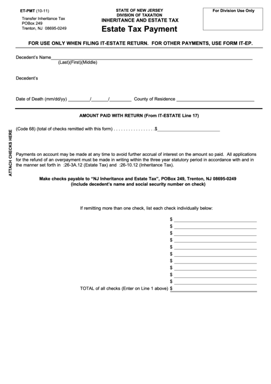 Fillable Form EtPmt Estate Tax Payment Form New Jersey printable