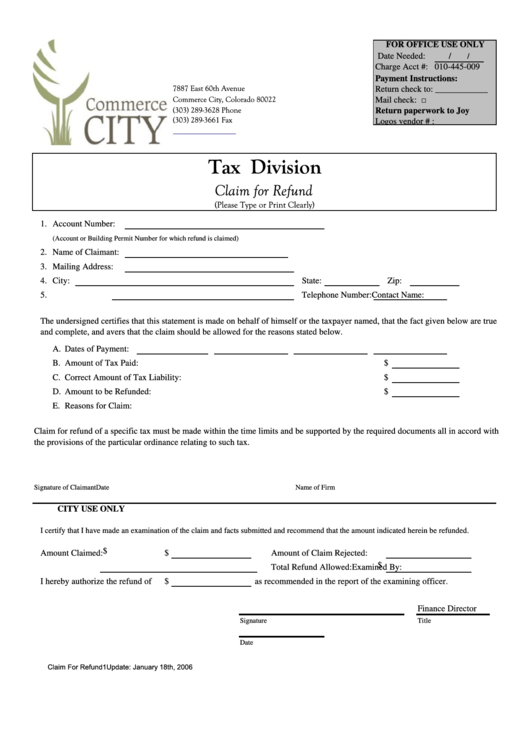 Tax Division Claim For Refund Form Commerce City, Colorado