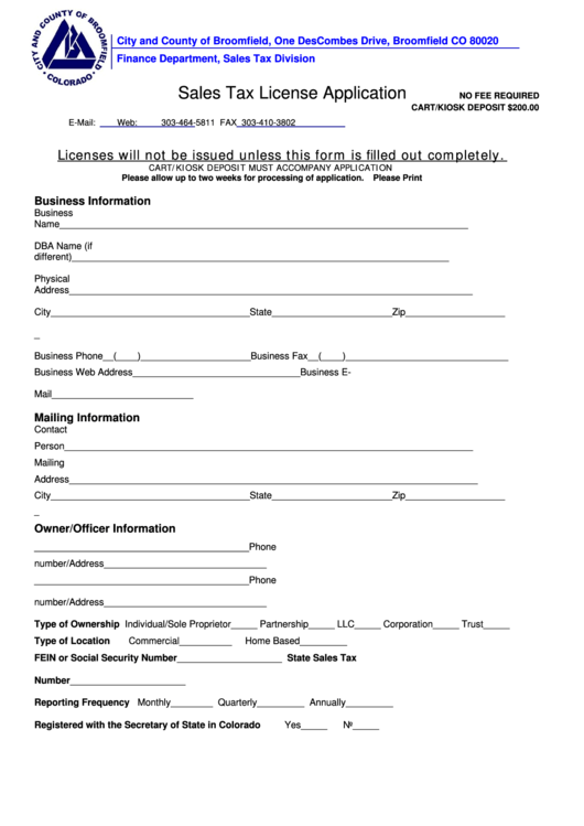 Sales Tax License Application Form City And County Of Broomfield