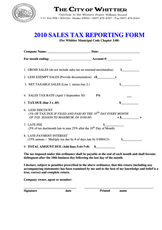 2010 Sales Tax Reporting Form The City Of Whittier printable pdf download