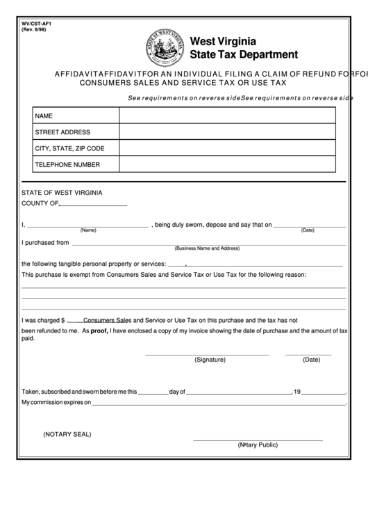 Wv/cstAf1 Affidavit For An Individual Filing A Claim Of