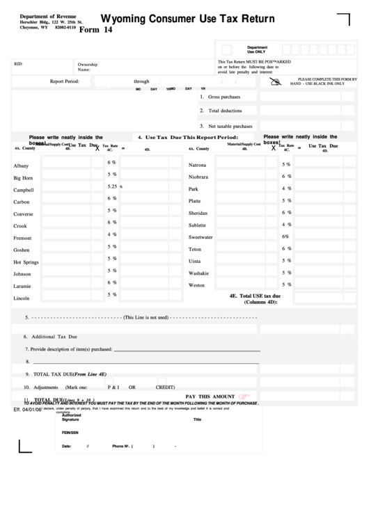 Form 14 Wyoming Consumer Use Tax Return 2006 printable pdf download