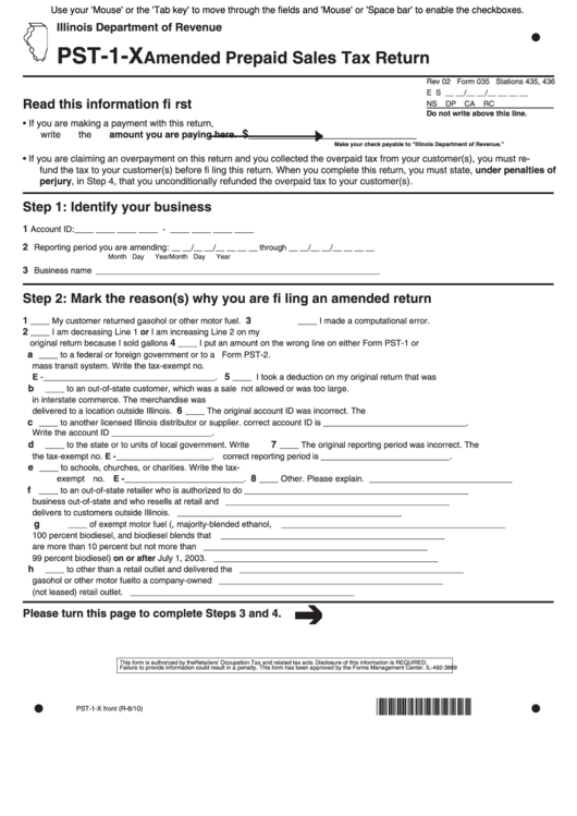 Fillable Form Pst1X Amended Prepaid Sales Tax Return printable pdf