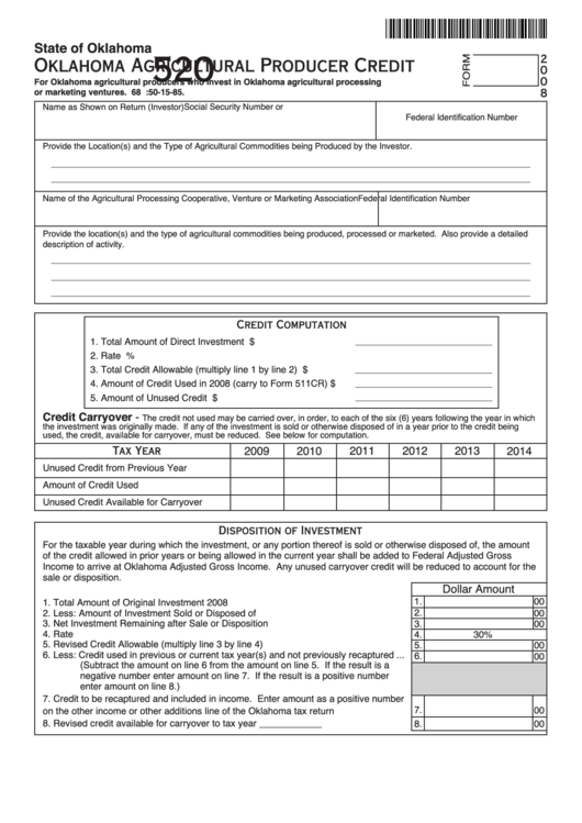 Fillable Form 520 Oklahoma Agricultural Producer Credit Form 2008