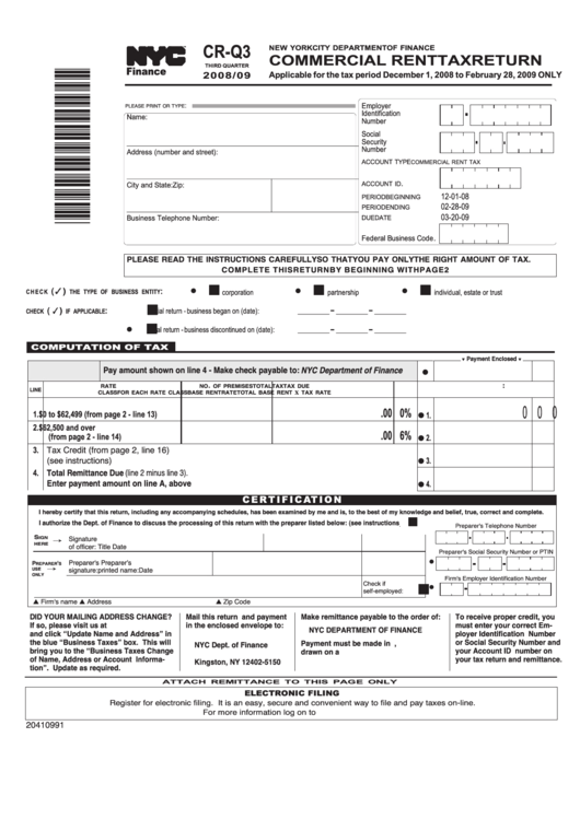 Form CrQ3 Commercial Rent Tax Return 2008/09 printable pdf download