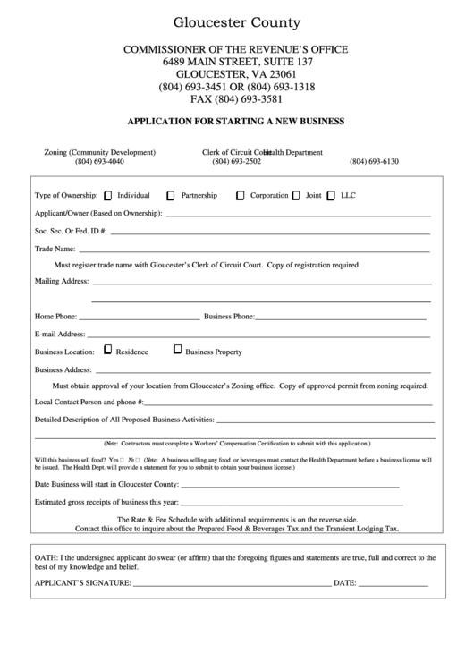 Application For Starting A New Business Form Gloucester County