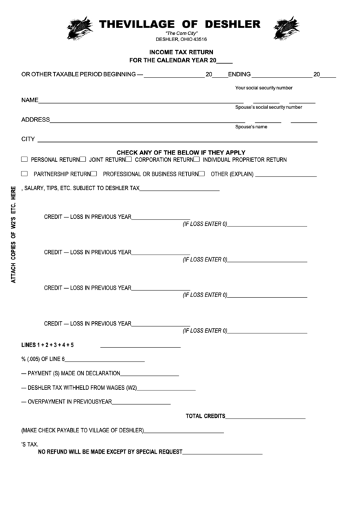 Tax Return Form The Village Of Deshler printable pdf download