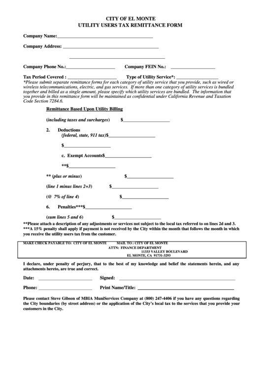 Utility Users Tax Remittance Form City Of El Monte printable pdf download
