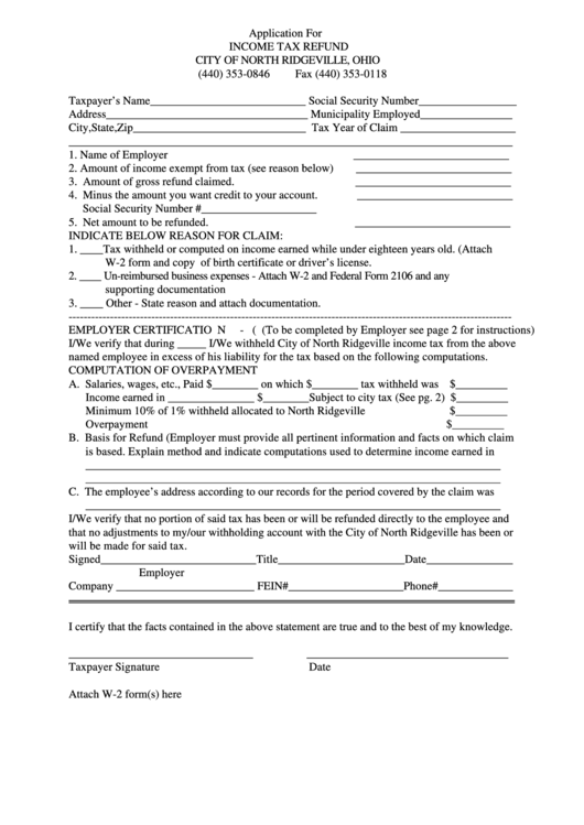 Application For Tax Refund Form City Of North Ridgeville, Ohio