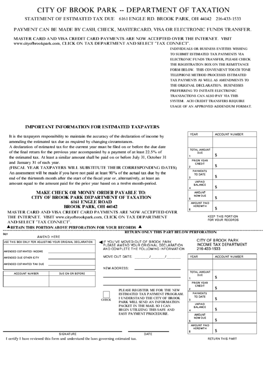 Estimated Taxpayment Form City Of Brook Park Department Of Taxation