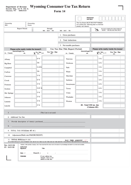 Form 14 Wyoming Consumer Use Tax Return 2008 printable pdf download