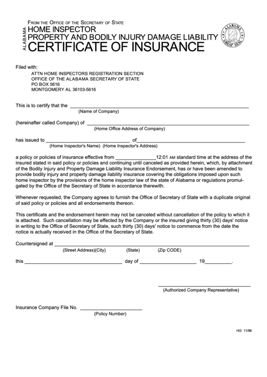 Certificate Of Insurance Form Alabama Secretary Of State printable