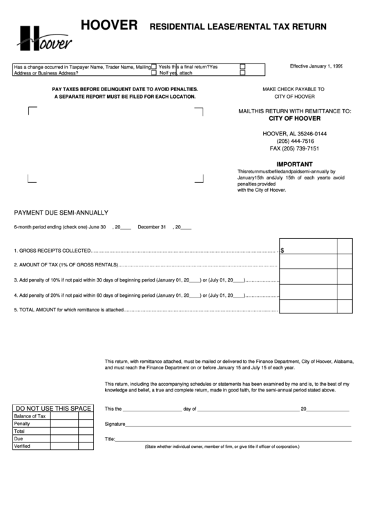 Residential Lease/rental Tax Return Form City Of Hoover, Alabama