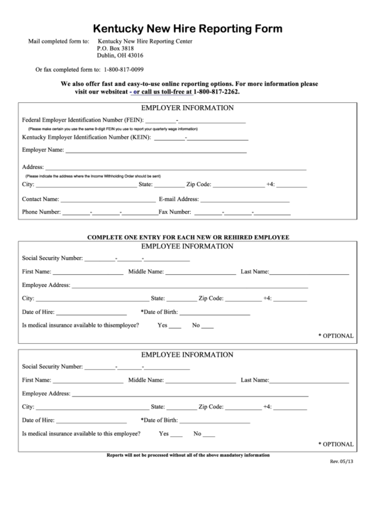 Kentucky New Hire Reporting Form printable pdf download