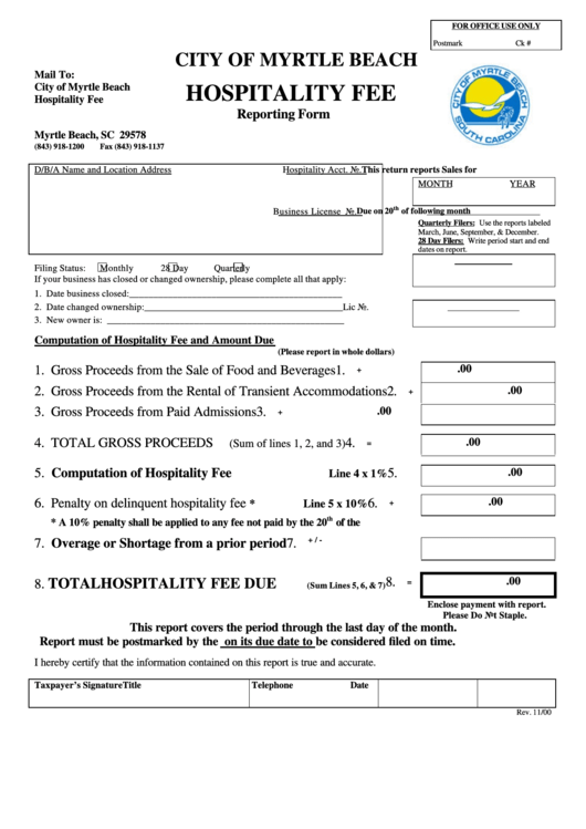 Hospitality Fee Reporting Form City Of Myrtle Beach, South Carolina