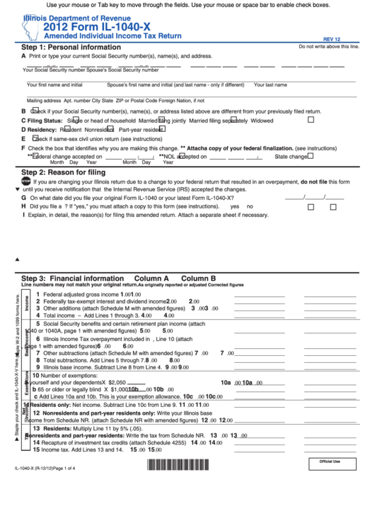 Fillable Form Il1040X Amended Individual Tax Return 2012