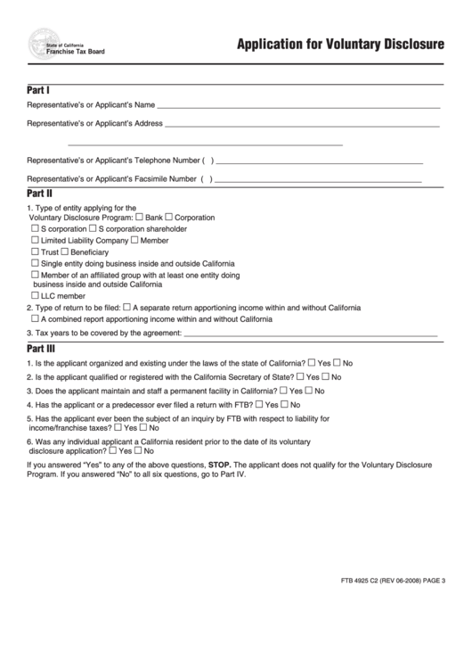 Form Ftb 4925 C2 Application For Voluntary Disclosure printable pdf