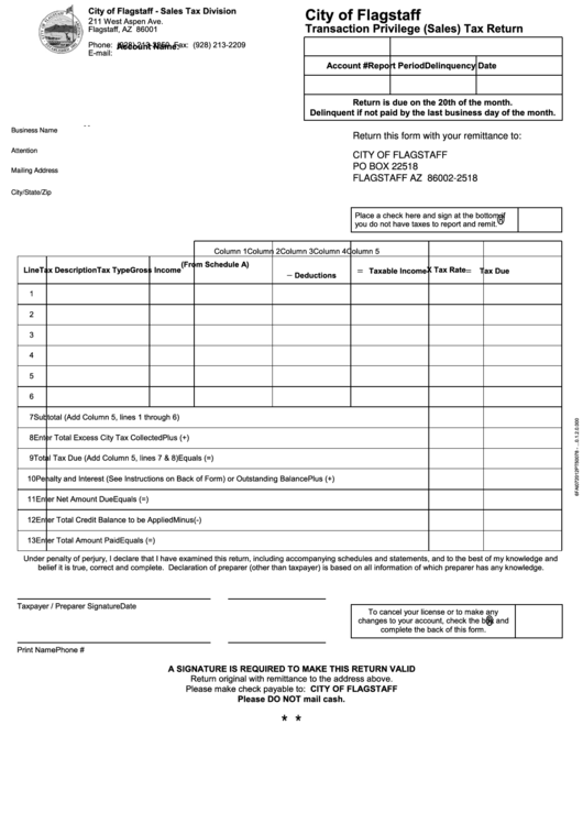 Transaction Privilege (Sales) Tax Return Form City Of Flagstaff