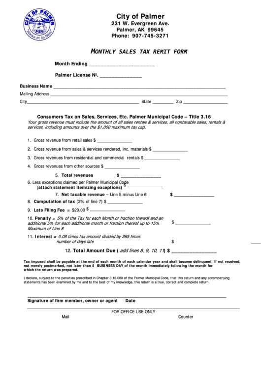 Fillable Monthly Sales Tax Remit Form Alaska printable pdf download