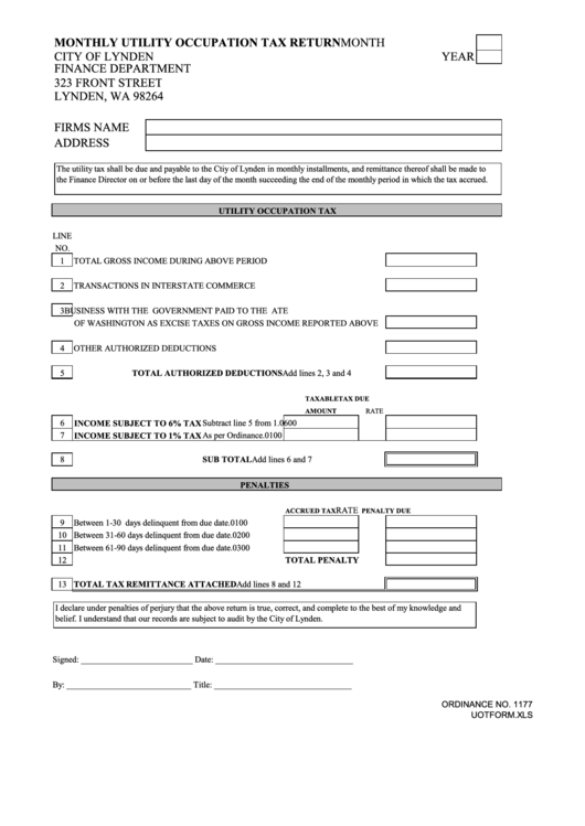 Monthly Utility Occupation Tax Return Form Lynden Washington printable pdf download
