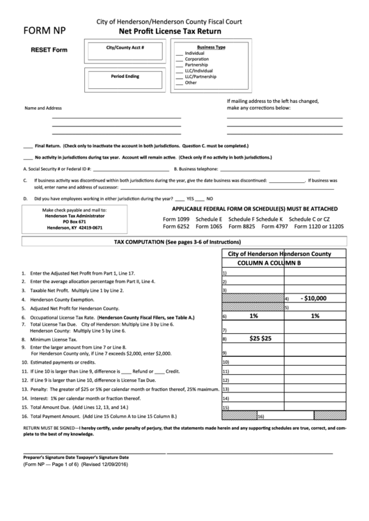 Fillable Form Np Net Profit License Tax Return City Of Henderson