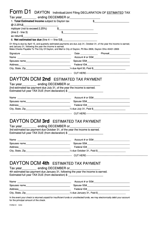 Form D1 Individual/joint Filing Declaration Of Estimated Tax