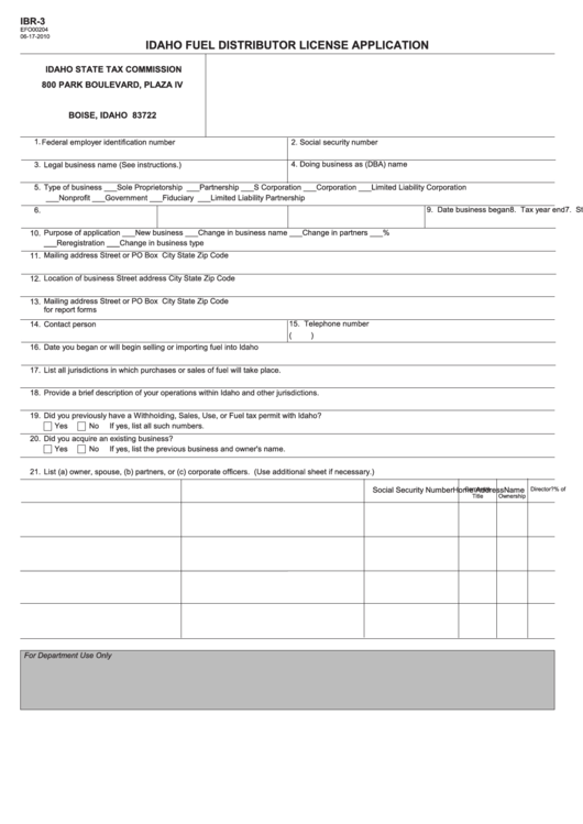 Form Ibr3 Idaho Fuel Distributor License Application 2010