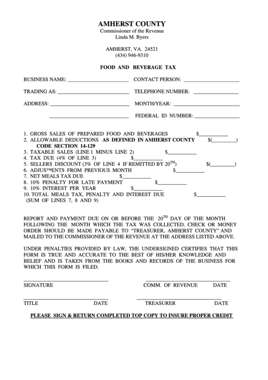 Food And Beverage Tax Form Virginia Commissioner Of The Revenue