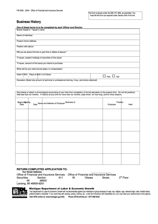 Fis 0532 5/04 Business History Form Michigan Department Of Labor