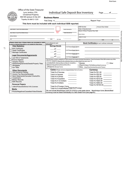 Fillable Individual Safe Deposit Box Inventory Form Office Of The State Treasurer Kansas