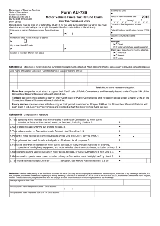 Form Au736 Motor Vehicles Fuels Tax Refund Claim 2013 printable