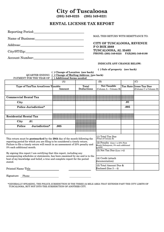Fillable Rental License Tax Report Form City Of Tuscaloosa printable