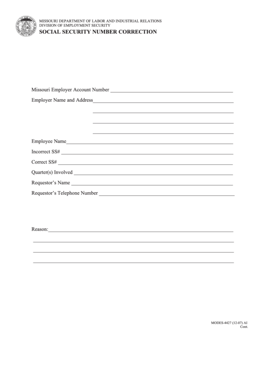 Fillable Form Modes4427 12/07 Social Security Number Correction Form Missouri Department Of
