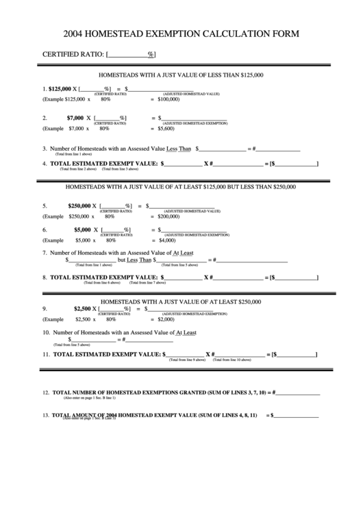 2004 Homestead Exemption Calculation Form printable pdf download