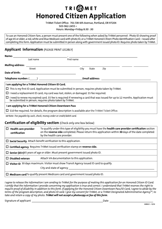 Honored Citizen Application Form printable pdf download