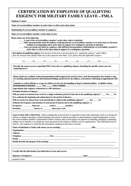 Certification By Employee Of Qualifying Exigency For Military Family Leave Fmla printable pdf