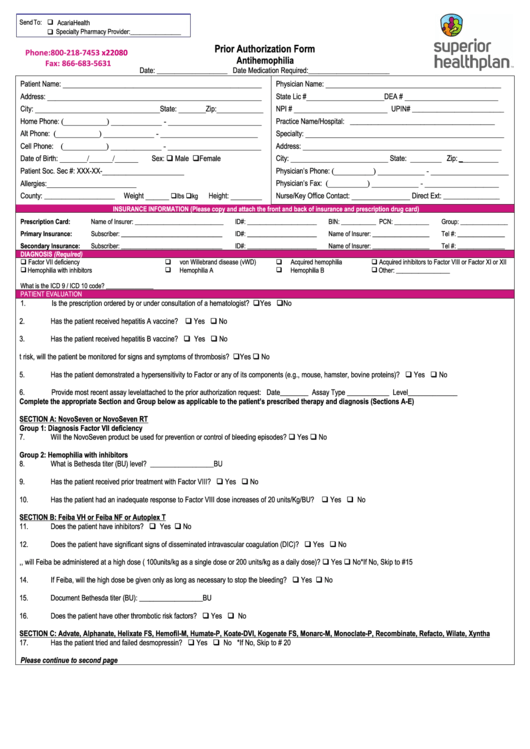 Prior Authorization Form Antihemophilia printable pdf download