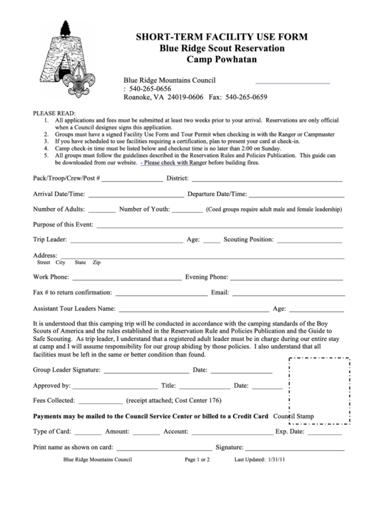 ShortTerm Facility Use Form printable pdf download