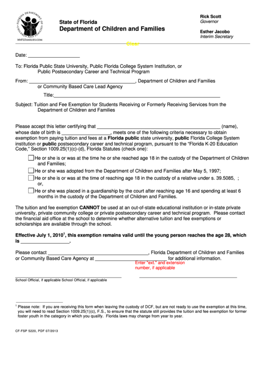 Fillable Form CfFsp 5220 Tuition And Fee Exemption For Students