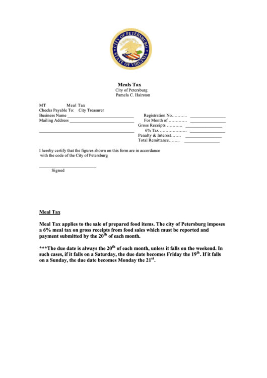 Meals Tax Form City Of Petersburg printable pdf download