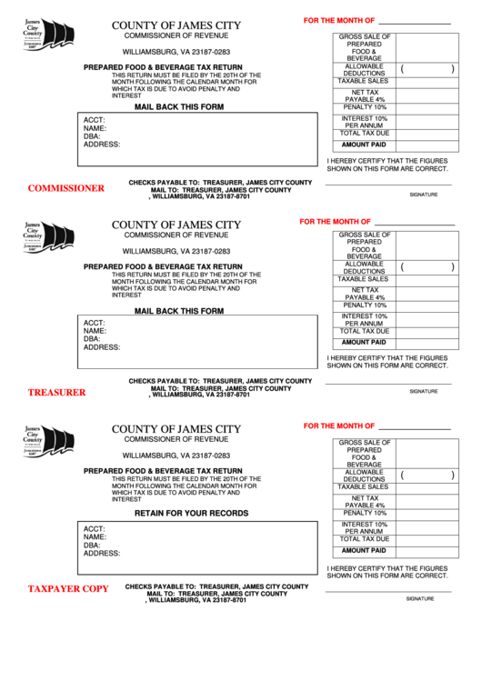 Prepared Food & Beverage Tax Return Form printable pdf download